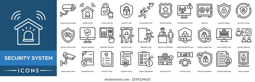 Security System icon. Surveillance Camera, Alarm System, Access Control, Security Lock and Motion Detector