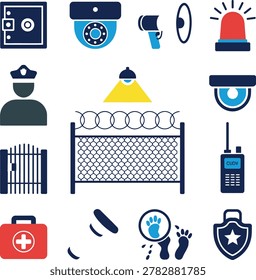 Security system icons featuring surveillance equipment police and safety measures for home or business protection