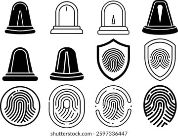 Security System Icons Fingerprint and Alert Icons Set for Web and App Design.