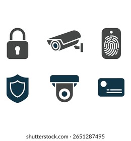 Security System Icons Padlock CCTV Camera Fingerprint Shield Surveillance ID Card Flat Design Dark Grey Professional Mood