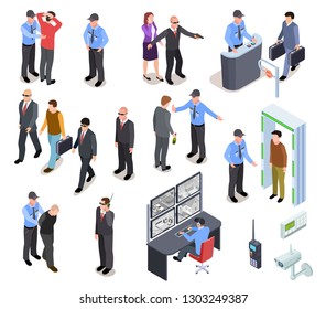 SECURITY SYSTEM ISOMETRIC CONCEPT. Secure Police Officer Checkpoint Access Equipment, Personal Guard, Criminal Identity. 3d Vector Set