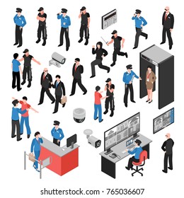 Security system isometric icons set with guards, criminals, personal inspection, video surveillance, access control isolated vector illustration    