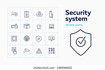 Security system line icon set. Alarm signal, credit card, memory stick with key. Protection concept. Can be used for topics like secured payment, data safety, protected access
