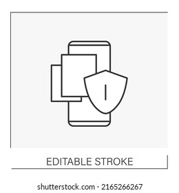 Security system line icon. Smartphone software. Protective shield. Save personal information.Data privacy concepts. Isolated vector illustrations. Editable stroke
