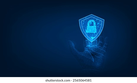 Security system lock shield in hand polygon shape. Internet privacy protection or cyber protection or antivirus. Techniligy futulistic background.