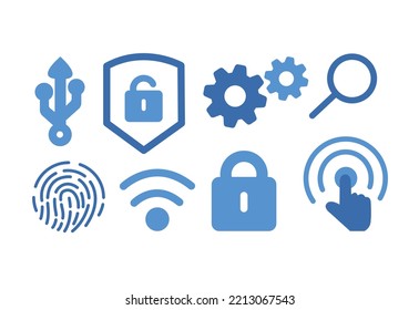 Red de sistema de seguridad, alarma antirrobo. Iconos planos. Proteger, proteger, huellas dactilares, CCTV, VPN, monitorear, proteger o controlar conceptos. Ilustración interactiva del vector