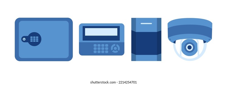 Security system network, burglar alarm. Flat icons. Guard, protection, fingerprint, CCTV, VPN, monitoring, safety, or control concepts. Vector interactive illustration