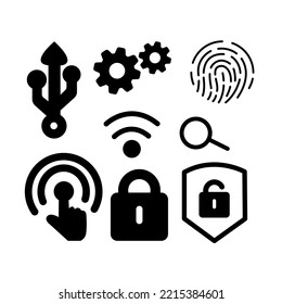Security system network, burglar alarm. Flat icons. Guard, protection, fingerprint, CCTV, VPN, monitoring, safety, or control concepts. Vector interactive illustration