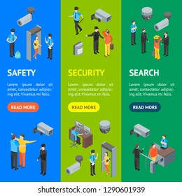 Security System People and Equipment 3d Banner Vecrtical Set Isometric View Include of Alarm and Cctv. Vector illustration of Icons