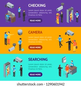 Security System People and Equipment 3d Banner Horizontal Set Isometric View Include of Alarm and Cctv. Vector illustration of Icons