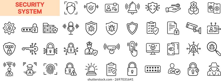 Projeto de ícones do sistema de segurança e da linha de proteção — segurança de dados, defesa cibernética, acesso à privacidade, monitoramento de alarmes, vigilância e ícones de escudo de rede