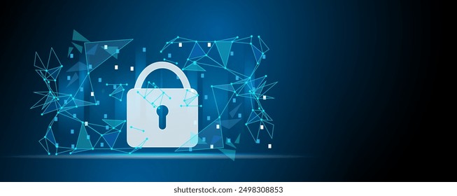 Servicio del sistema de seguridad. candado y línea de conexión y seguridad cibernética triangular, fondo abstracto de la tecnología