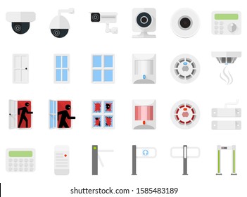 Security system set icons of video cameras, detectors, turnstiles, access control. Sensors for doors and windows, motion sensors and smoke sensors at rest and of alarm. Icons for a security store.