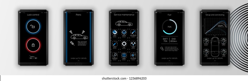 Security system smart car. the smart car sends information about its status to the smart phone .  smartphone application to control the smart car by internet. VECTOR
