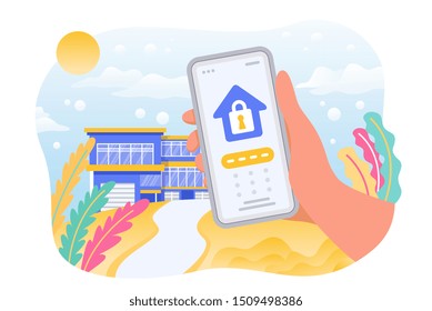 Security system of smart home. 3d house plan. Control locks the doors and windows over the internet with smartphone application. Home protection wireless system. VECTOR