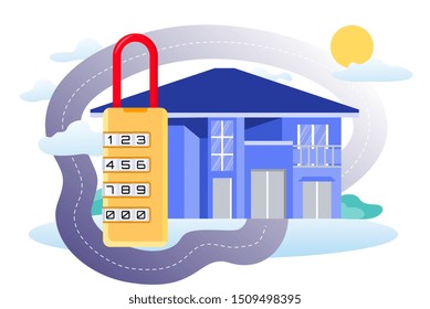 Security system of smart home. 3d house plan. Control locks the doors and windows over the internet with smartphone application. Home protection wireless system. VECTOR