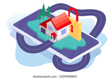 Security system of smart home. 3d house plan. Control locks the doors and windows over the internet with smartphone application. Home protection wireless system. VECTOR