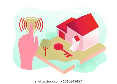 Security system of smart home. 3d house plan. Control locks the doors and windows over the internet with smartphone application. Home protection wireless system. VECTOR