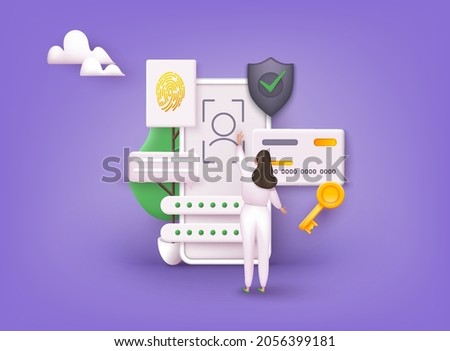 Security system in smartphone. Mobile phone with passcode screen and face recognition app icon. 3D Web Vector Illustrations.