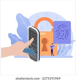 Sicherheitsspezialist mit Fingerabdruck, PIN und RFID-basierter Zugriffssicherheit. Illustration des Mehrfachschutzes auf Sicherheitstechnologie-Systemen