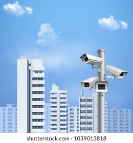 Security system surveillance cameras on background  with cityscape and blue sky realistic vector illustration