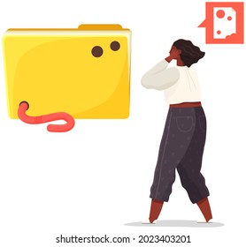 Security system technology icon. Worm damages computer folder with data files. Girl looks in fright at worm eating folder with program data. Breaking system, computer virus, cracking software