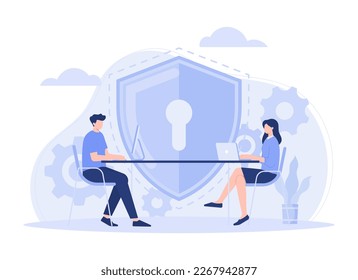 Security system , two people working on innovations for security system, closed lock with key, concept of data protection. Modern vector flat illustration