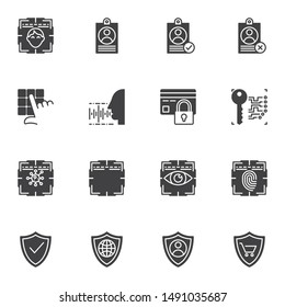 Security system vector icons set, modern solid symbol collection, filled style pictogram pack. Signs, logo illustration. Set includes icons as face id, fingerprint scan, biometric key, retina eye scan