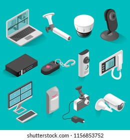 Security system vector isometric elements set isolated from background. Icons of surveillance cameras, sensor systems, computer monitors. 3d illustration of a modern home security system.