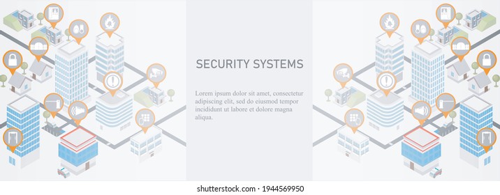 Security systems cover, banner. Isometric city with security equipment icons.  Video surveillance, metal detector, fire alarm, barrier, fence, intercom, signaling, electric keys, security password.