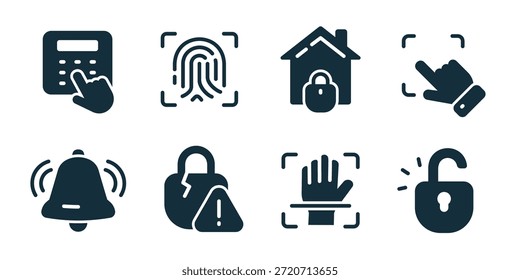 Sistemas de seguridad excelente colección de iconos. Acceso al teclado, escaneo de huellas dactilares, bloqueo de seguridad para el hogar, control de gestos, campana de alerta, advertencia de bloqueo roto, escaneo biométrico de la mano, acceso desbloqueado