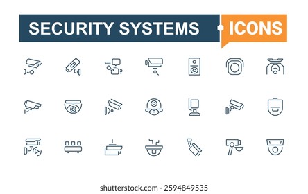 Security Systems icon collection. It contains symbols to laptop, surveillance, protection, computer, access, smart, protect and more. Simple icon designs. Minimalist icon collections.