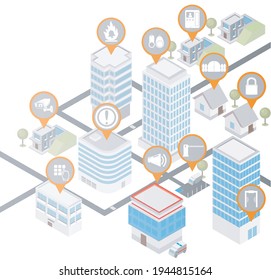 Security systems illustration. Isometric city with security equipment icons.  Video surveillance, metal detector, fire alarm, barrier, fence, intercom, signaling, electric keys, security password.