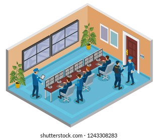 Security systems isometric composition with cctv surveillance cameras monitoring and responding operators officers room interior vector illustration