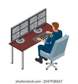 Security systems isometric icons composition with view of human character at work on blank background vector illustration