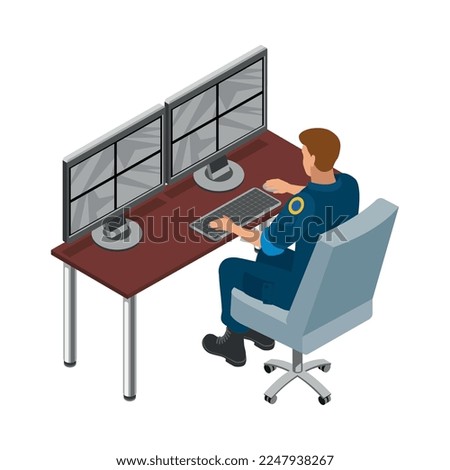 Security systems isometric icons composition with view of human character at work on blank background vector illustration