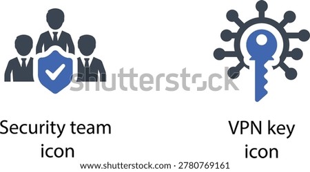 Security team and vpn key icons on blue shield background vector illustration