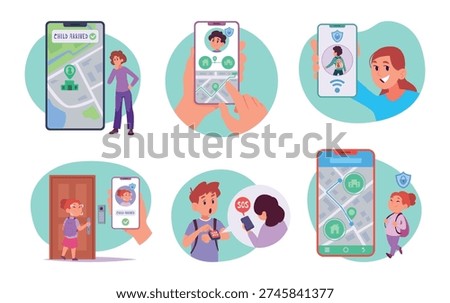 Security technologies for kids. Safety systems for digital control little kids exact vector illustrations in cartoon style