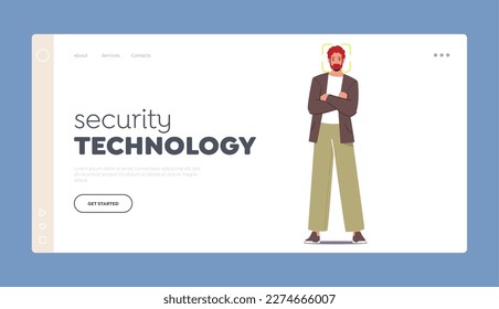 Security Technologies Landing Page Template. Male Character With Scanning Frame On Face Representing Concept Of Facial Recognition, Identification and Verification. Cartoon Vector Illustration