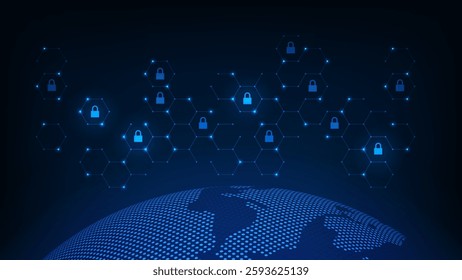 Security technology concepts on cloud network  at center. Digital circuit board above the global Earth.