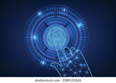 Security technology with fingerprint scanning the fingerprint is inside the technology circle with a hand coming in to scan it