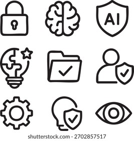 Security and technology icons padlock brain A I shield puzzle lightbulb folder vector