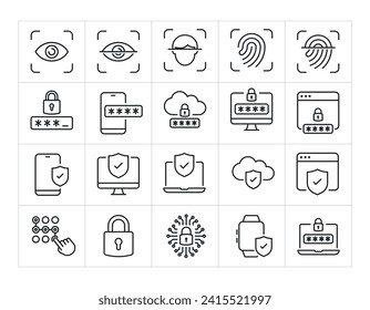 Security technology minimal thin line icons. Related fingerprint, eye security, face detection, password. Editable stroke. Vector illustration.