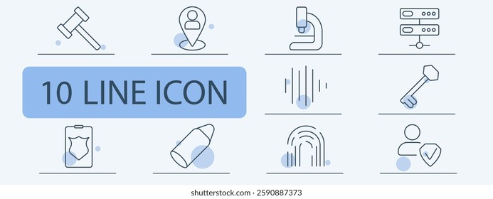 Security and technology set icon. Gavel, location, microscope, server, sound waves, key, security badge, bullet, fingerprint, user protection.