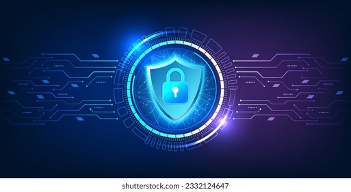 Security technology, shield with a lock inside, with a technology circle with a circuit board on the side. It is a technology that protects cyber data from being leaked or lost.