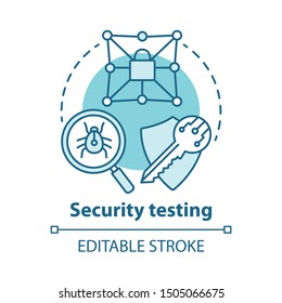Security testing concept icon. Safety audit. Key reliability and antivirus defence. Intrusion data protection idea thin line illustration. Vector isolated outline drawing. Editable stroke