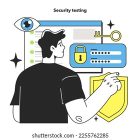 Security testing technique. Software testing methodology. IT specialist searching for bugs in code. Website and application development. Flat vector illustration