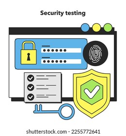 Security testing technique. Software testing methodology. IT specialist searching for bugs in code. Website and application development. Flat vector illustration