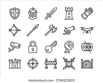 Security themed outline icon collection featuring shield, sword, lock, target, and castle symbols suitable for gaming projects, defense materials, and protection related graphics.