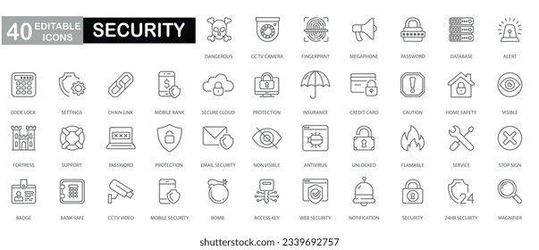 Conjunto de iconos de línea delgada de seguridad y protección. Iconos de trazo modificables de seguridad.seguridad, contraseña, hogar inteligente, seguridad, protección de datos, clave, escudo, bloqueo, desbloqueo, acceso a los ojos. Ilustración vectorial.